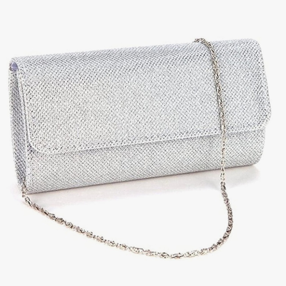 Silver Glitter Convertible Crossbody Purse to Clutch with Chain Strap